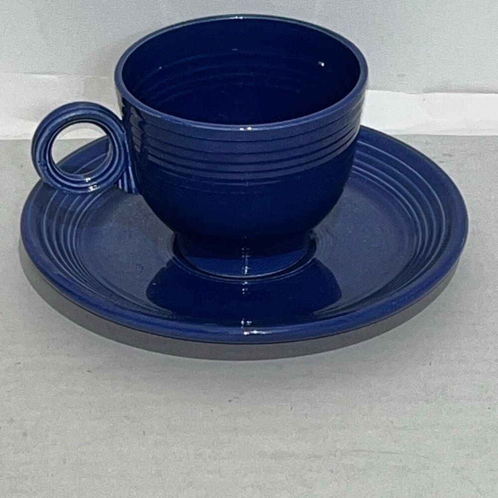 Vintage Fiesta Ware Ring Handle Glaze Tea Coffee Cup and Saucer Set Cobalt Blue‎
